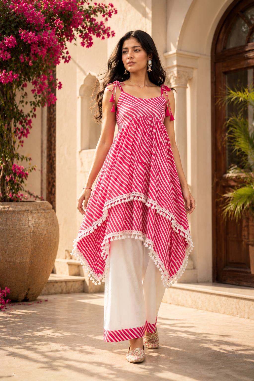 Pink Striped Cotton Kurta Palazzo Set for Women | Sleeveless Tassel Kurta with White Palazzo |