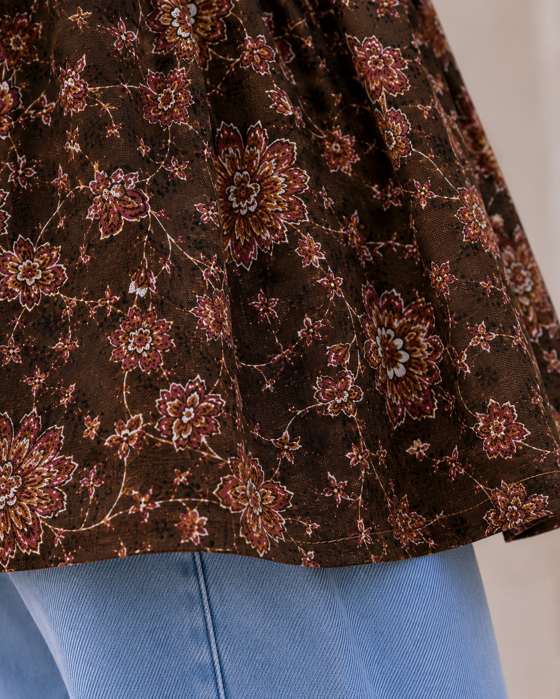 Women's Brown Floral Printed Sleeveless Peplum Top | V-Neck Casual Cotton Blend Top for Women | Saiyaraa