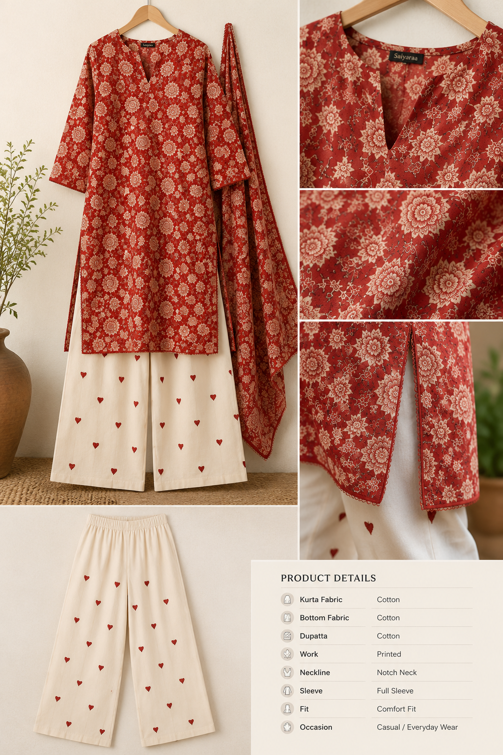 Saiyaraa Women's Red Floral Printed Cotton Kurta Set with Palazzo & Dupatta | Casual Ethnic Suit Set