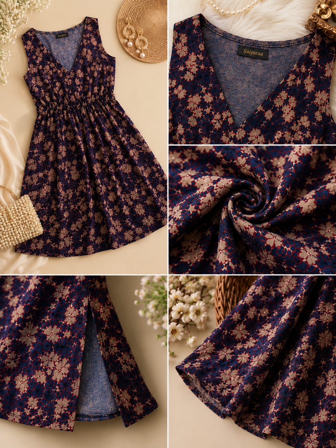 Women's Navy Floral Printed Sleeveless Peplum Top | V-Neck Casual Cotton Blend Top for Women | Saiyaraa