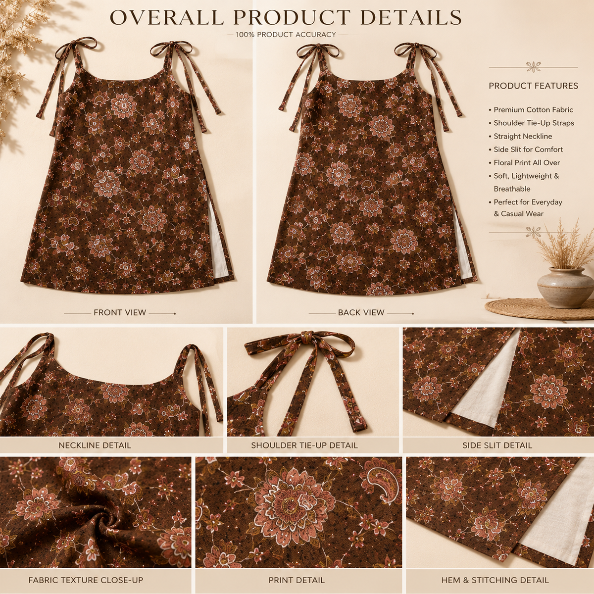 Saiyaraa Women's Brown Floral Printed Tie-Up Strap Cotton Camisole Top | Sleeveless Casual Summer Top