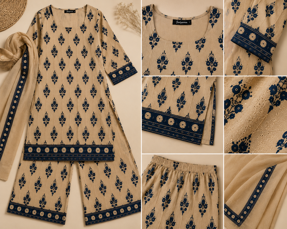 Saiyaraa Women's Beige & Navy Blue Printed Cotton Co-Ord Set | Straight Kurti with Palazzo | Soft Ethnic Lounge Wear