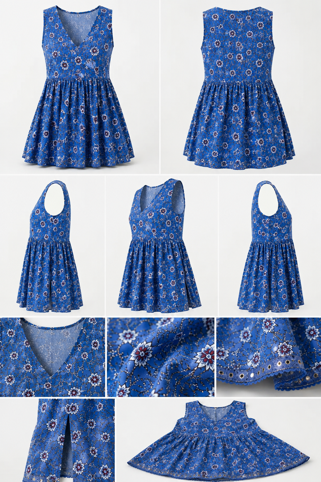 Women's Blue Floral Printed Sleeveless Peplum Top | V-Neck Casual Cotton Blend Top for Women | Saiyaraa