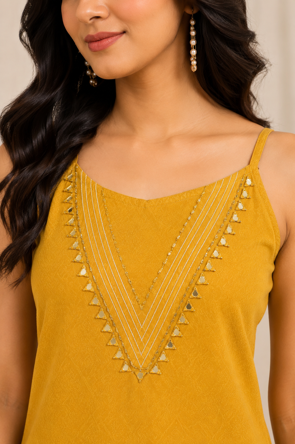 Women's Mustard Yellow Embroidered Kurta Palazzo Set | Sleeveless A-Line Kurta with Floral Embroidery