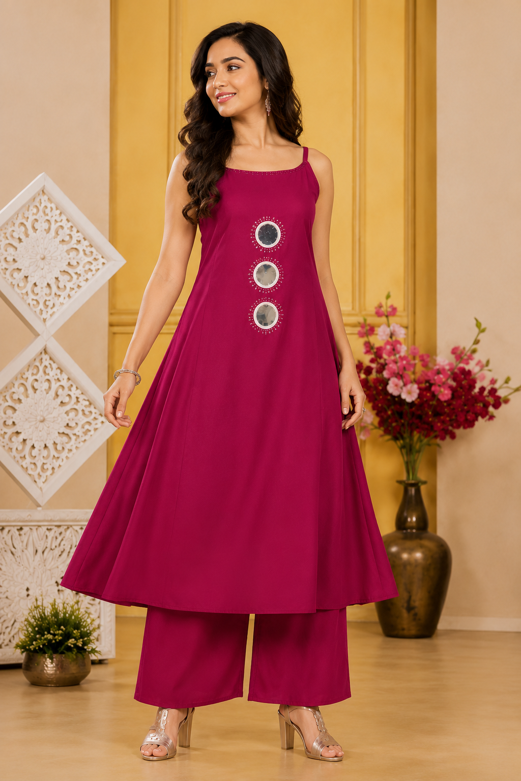 Women's Wine A-Line Kurta Palazzo Set with Mirror Work | Sleeveless Flared Kurta & Palazzo Co-Ord Set