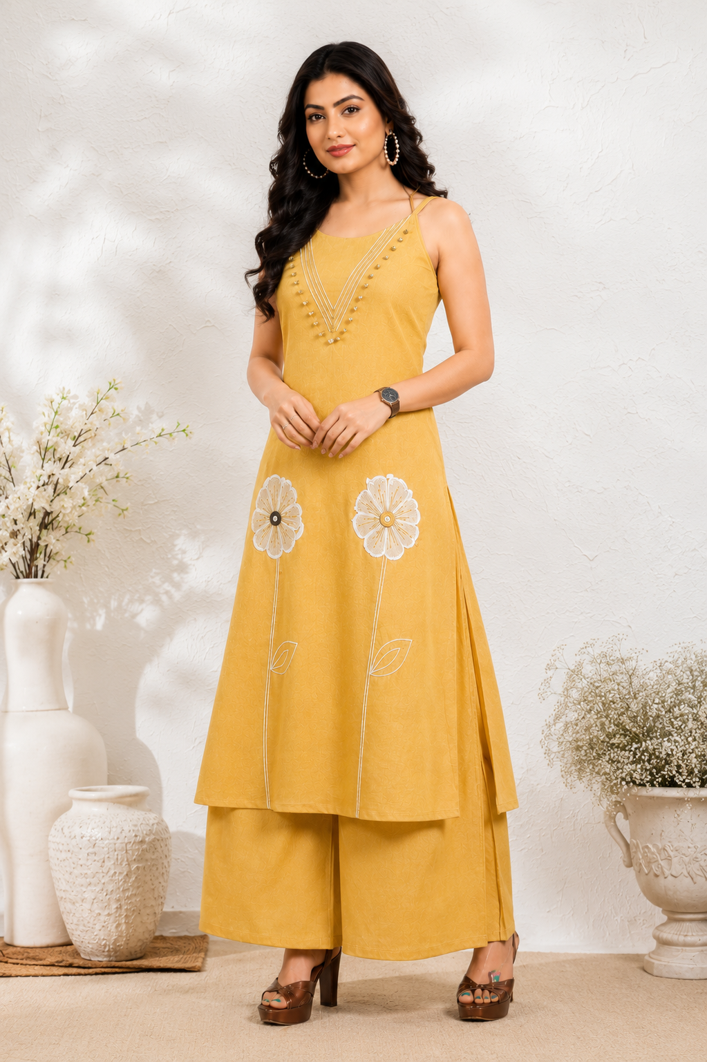 Women's Mustard Yellow Embroidered Kurta Palazzo Set | Sleeveless A-Line Kurta with Floral Embroidery