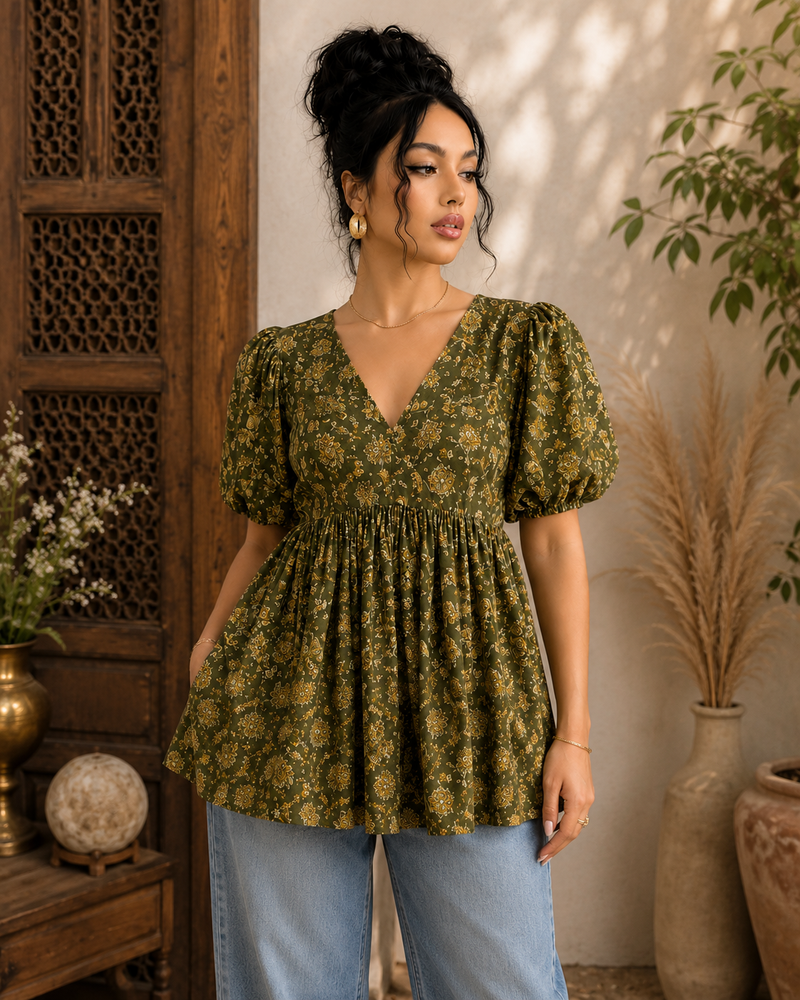 Saiyaraa Women's Olive Green Floral Printed Peplum Top | V-Neck Puff Sleeve Cotton Casual Top