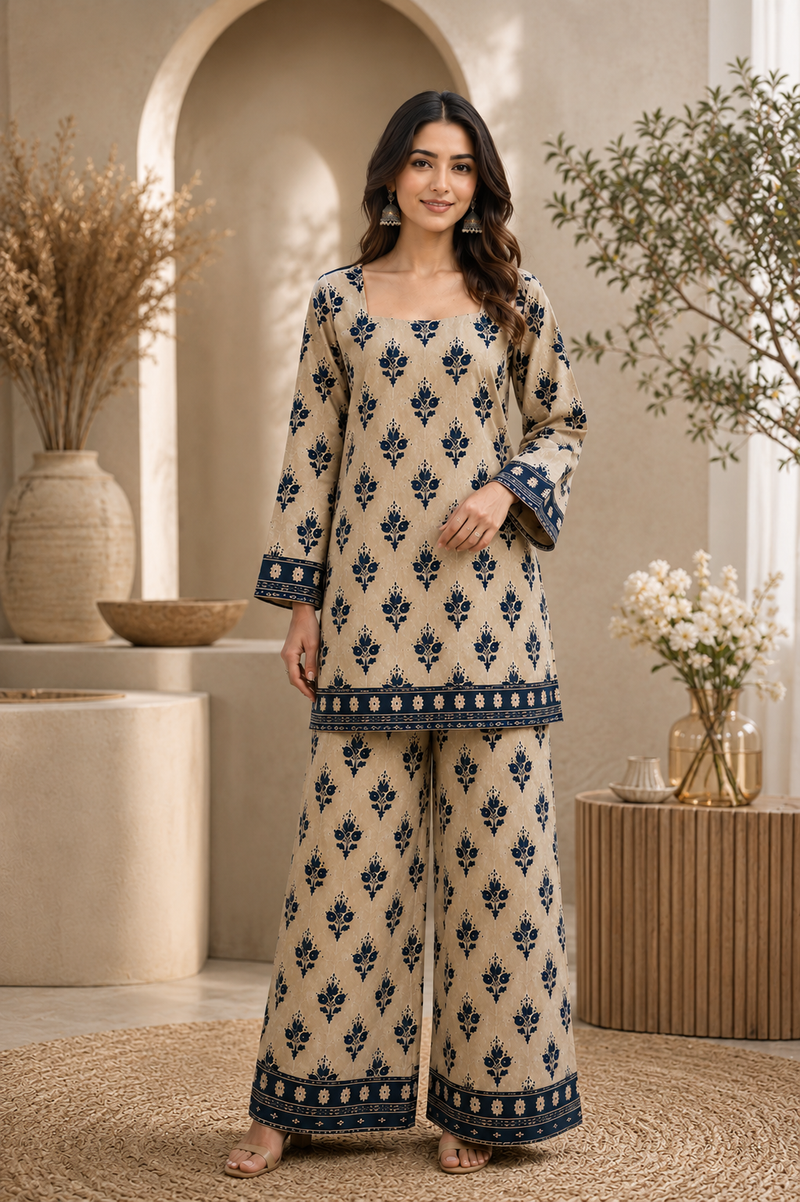 Saiyaraa Women's Beige & Navy Blue Printed Cotton Co-Ord Set | Straight Kurti with Palazzo | Soft Ethnic Lounge Wear