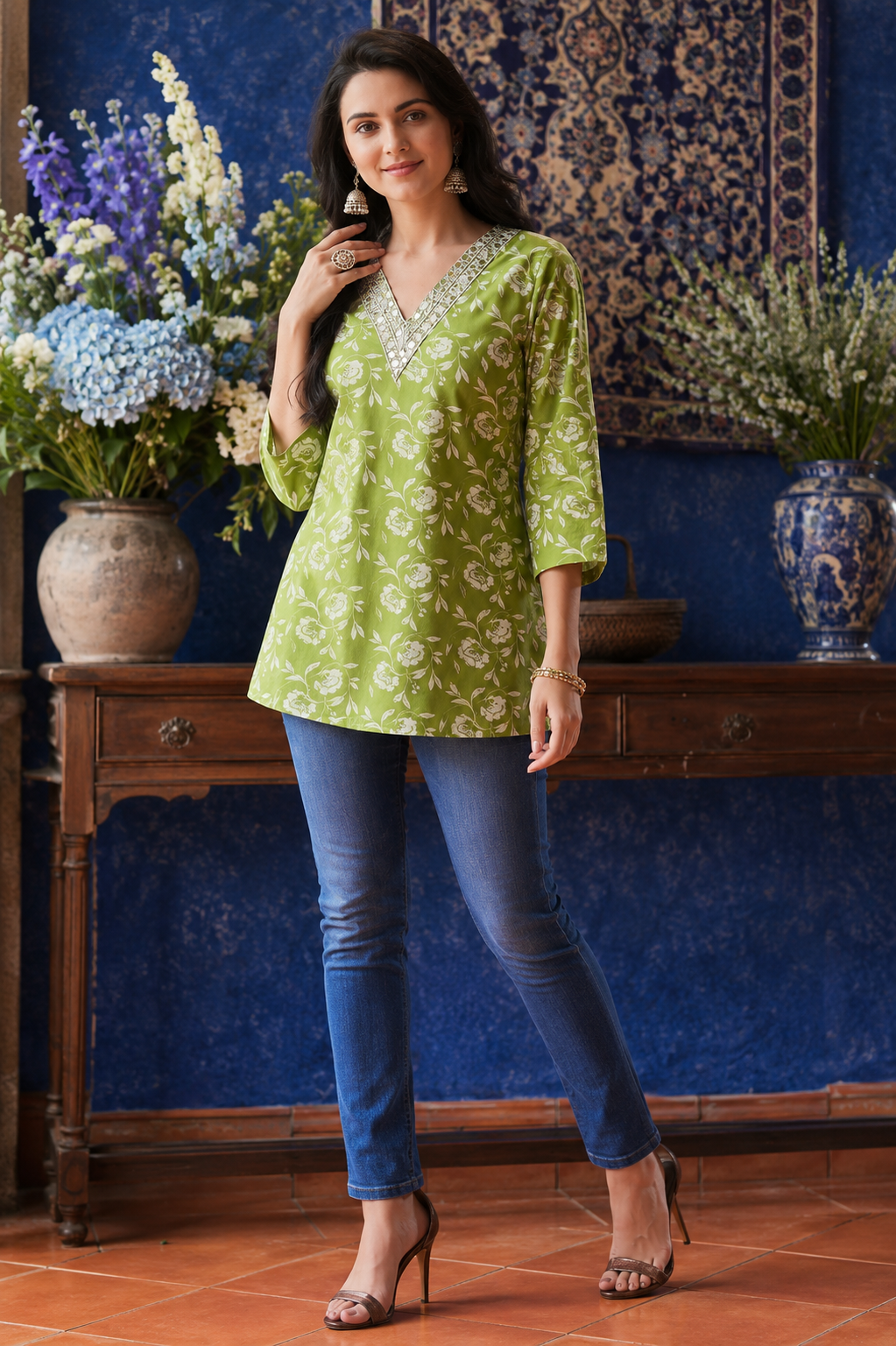 Women's Green Floral Printed Cotton Tunic Top | V-Neck Casual Kurti for Women | Office & Daily Wear Top