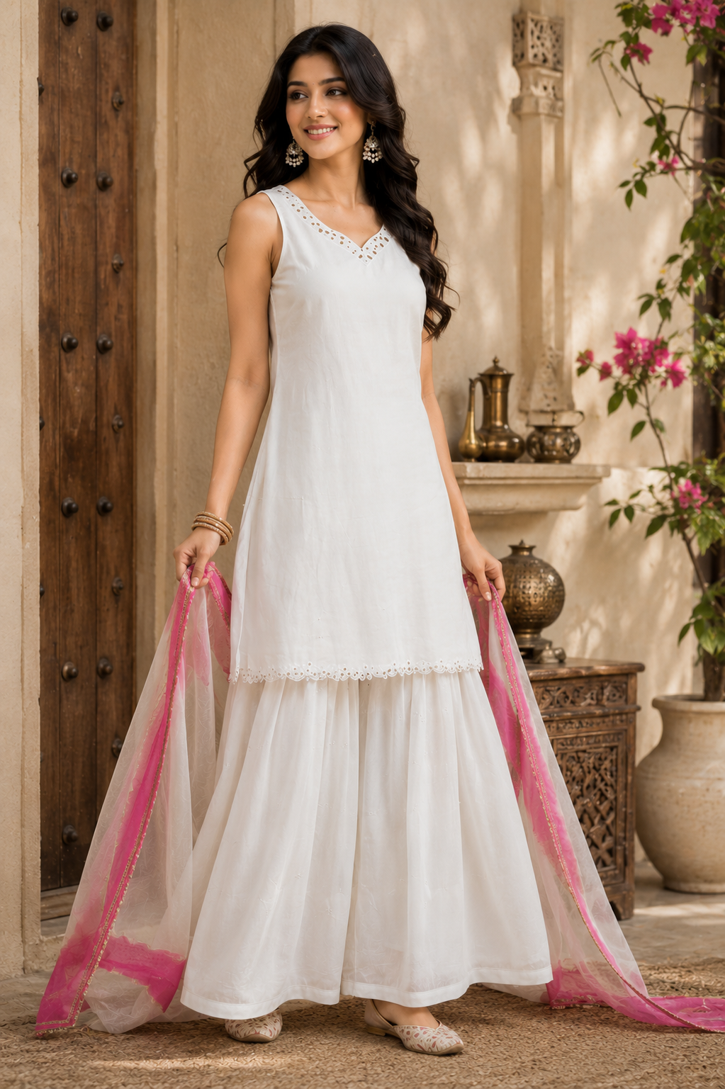 Women's White Cotton Kurta Sharara Set with Pink Organza Dupatta | Sleeveless Embroidered Kurta & Flared Sharara Set |