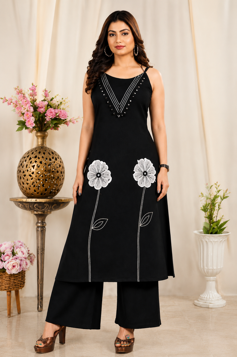 Women's Black Embroidered Kurta Palazzo Set | Sleeveless A-Line Kurta with Floral Embroidery & Palazzo Pants