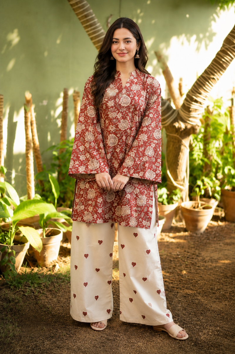 Saiyaraa Women's Red Floral Printed Cotton Kurta Set with Palazzo & Dupatta | Casual Ethnic Suit Set