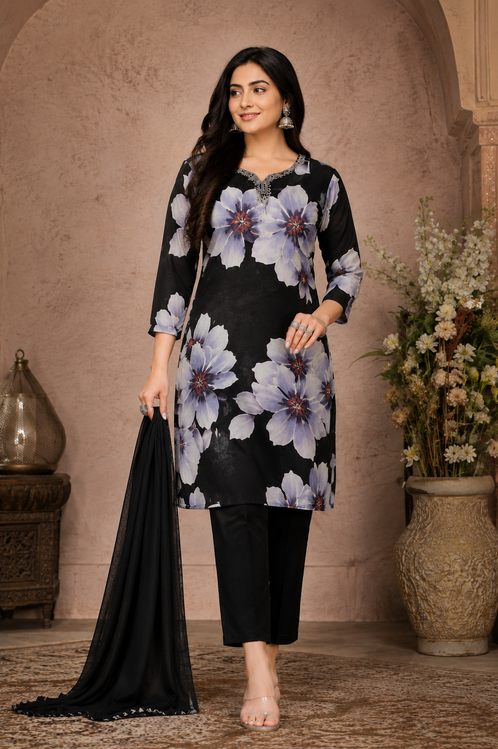 Women's Black Floral Printed Kurta Pant Set with Dupatta | Elegant Straight Kurta & Trouser Set