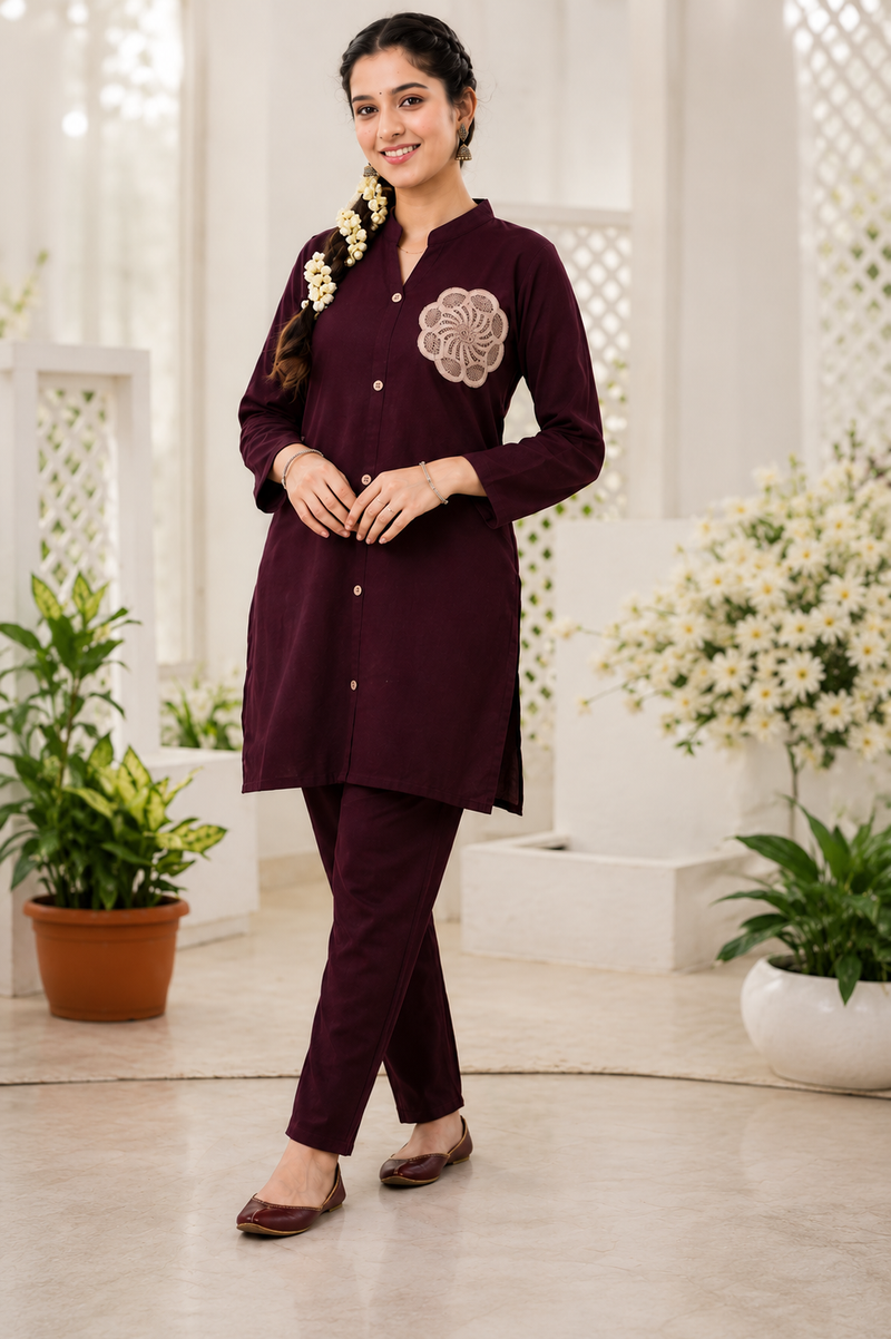 Women's Wine Straight Kurta Pant Set with Crochet Floral Patch | Premium Rayon Ethnic Co-Ord Set