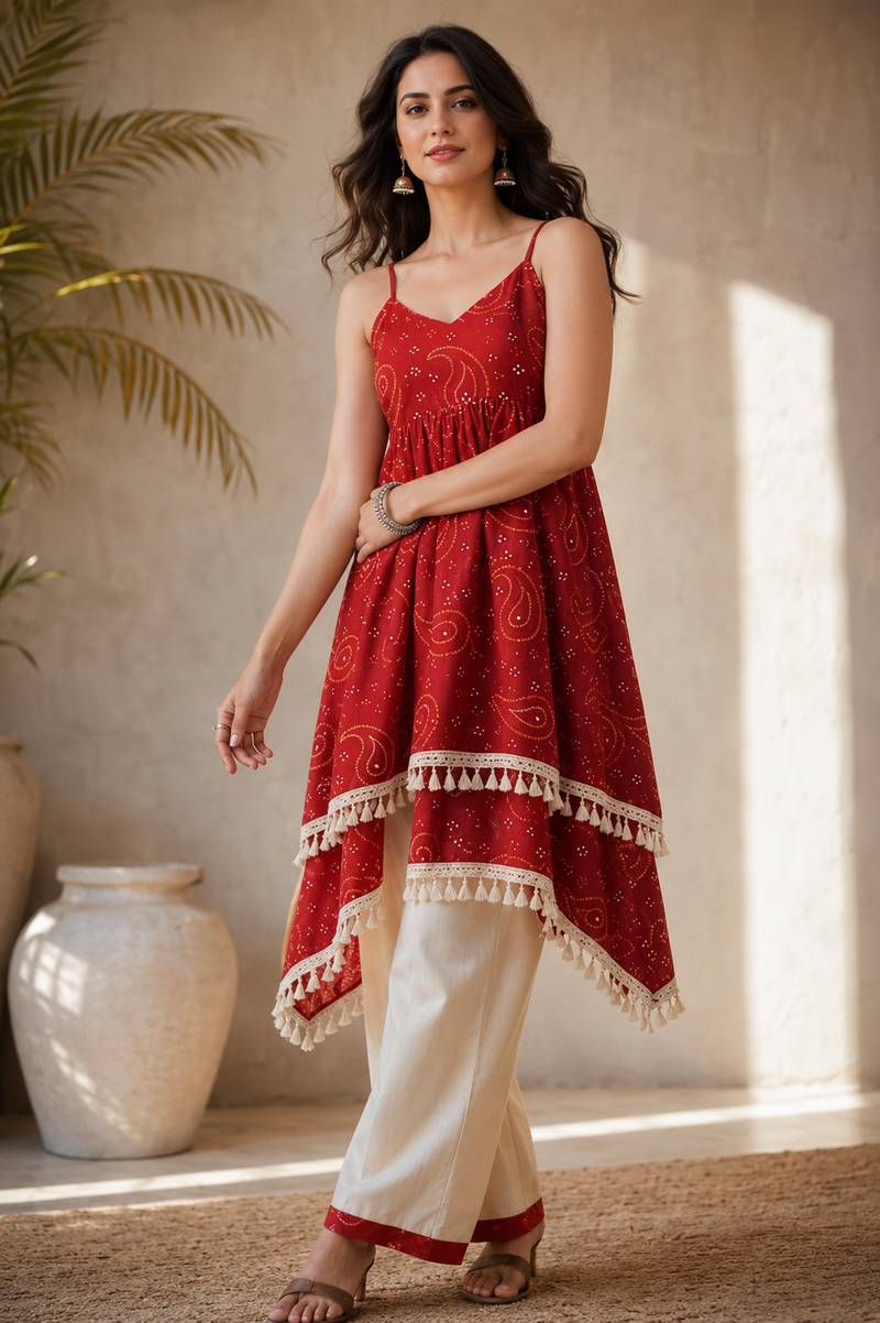 Women's Red Printed Asymmetrical Kurti Palazzo Set | Sleeveless Ethnic Co-Ord Set for Women | Casual Festive Wear | Saiyaraa