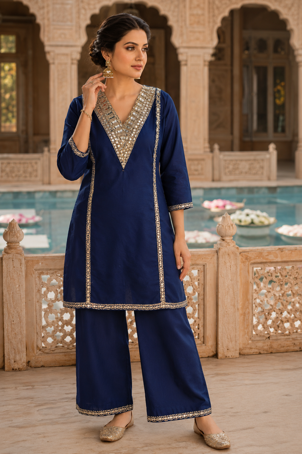 Women's Royal Blue Mirror Work Kurta Pant Set | Designer Ethnic Co-Ord Set | Festive Wear Kurta Set for Women | Saiyaraa