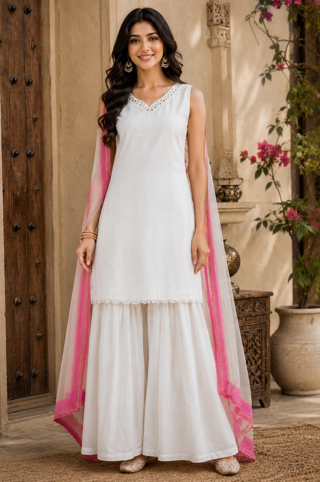 Women's White Cotton Kurta Sharara Set with Pink Organza Dupatta | Sleeveless Embroidered Kurta & Flared Sharara Set |