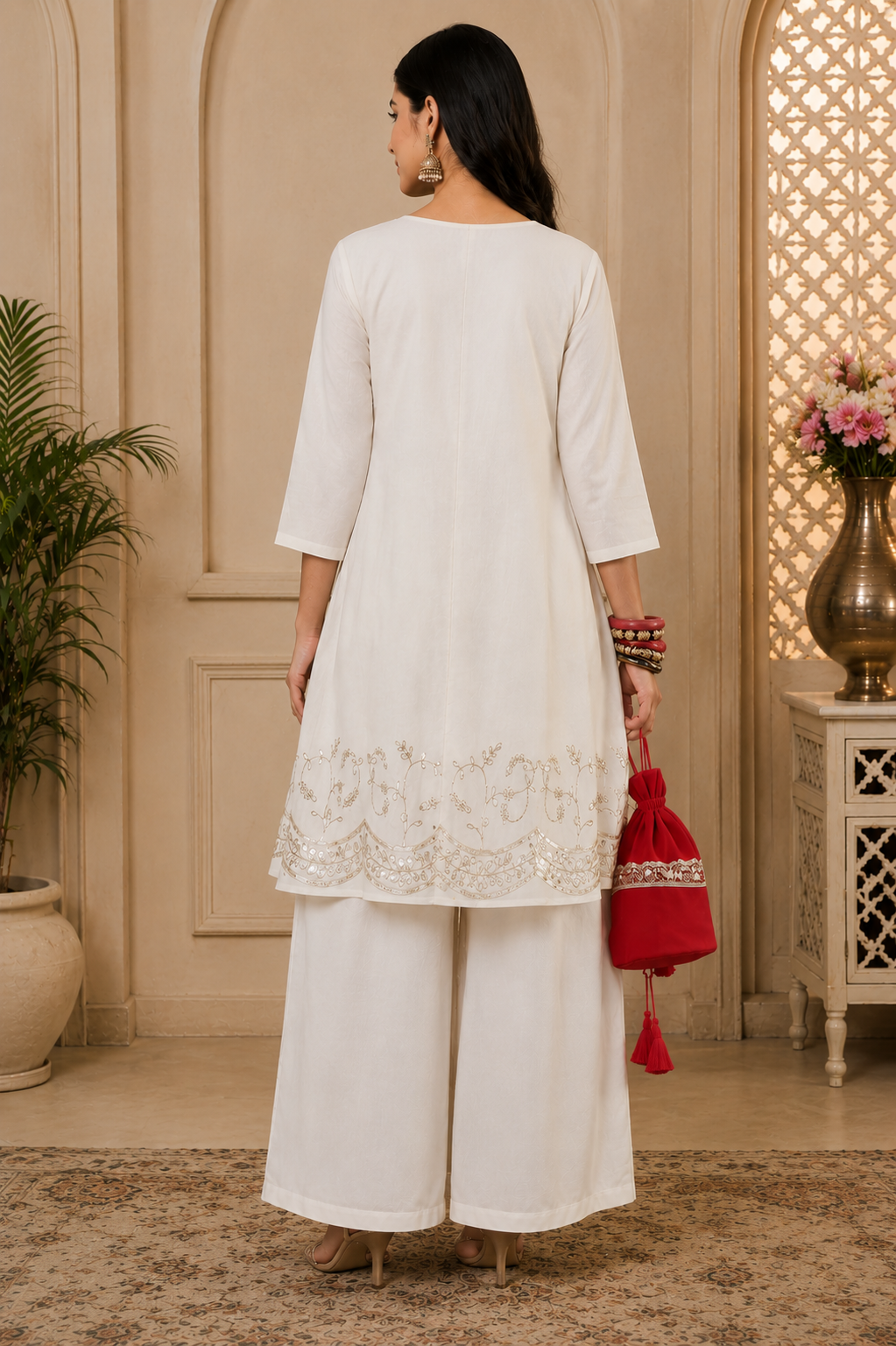 Women's White Embroidered Kurti Palazzo Set with Potli Bag | Festive Ethnic Wear for Women | Designer Co-Ord Set | Saiyaraa