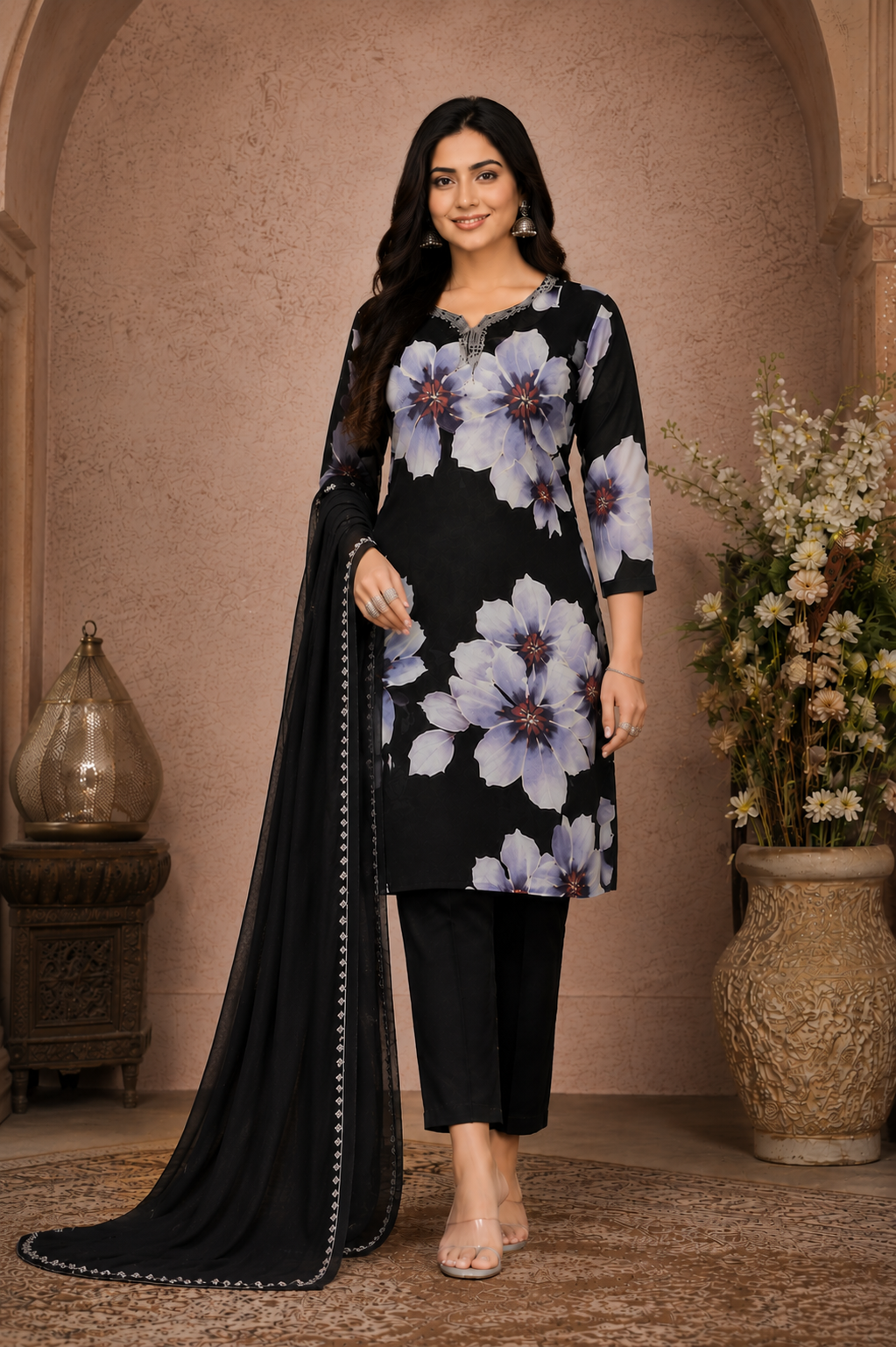 Women's Black Floral Printed Kurta Pant Set with Dupatta | Elegant Straight Kurta & Trouser Set