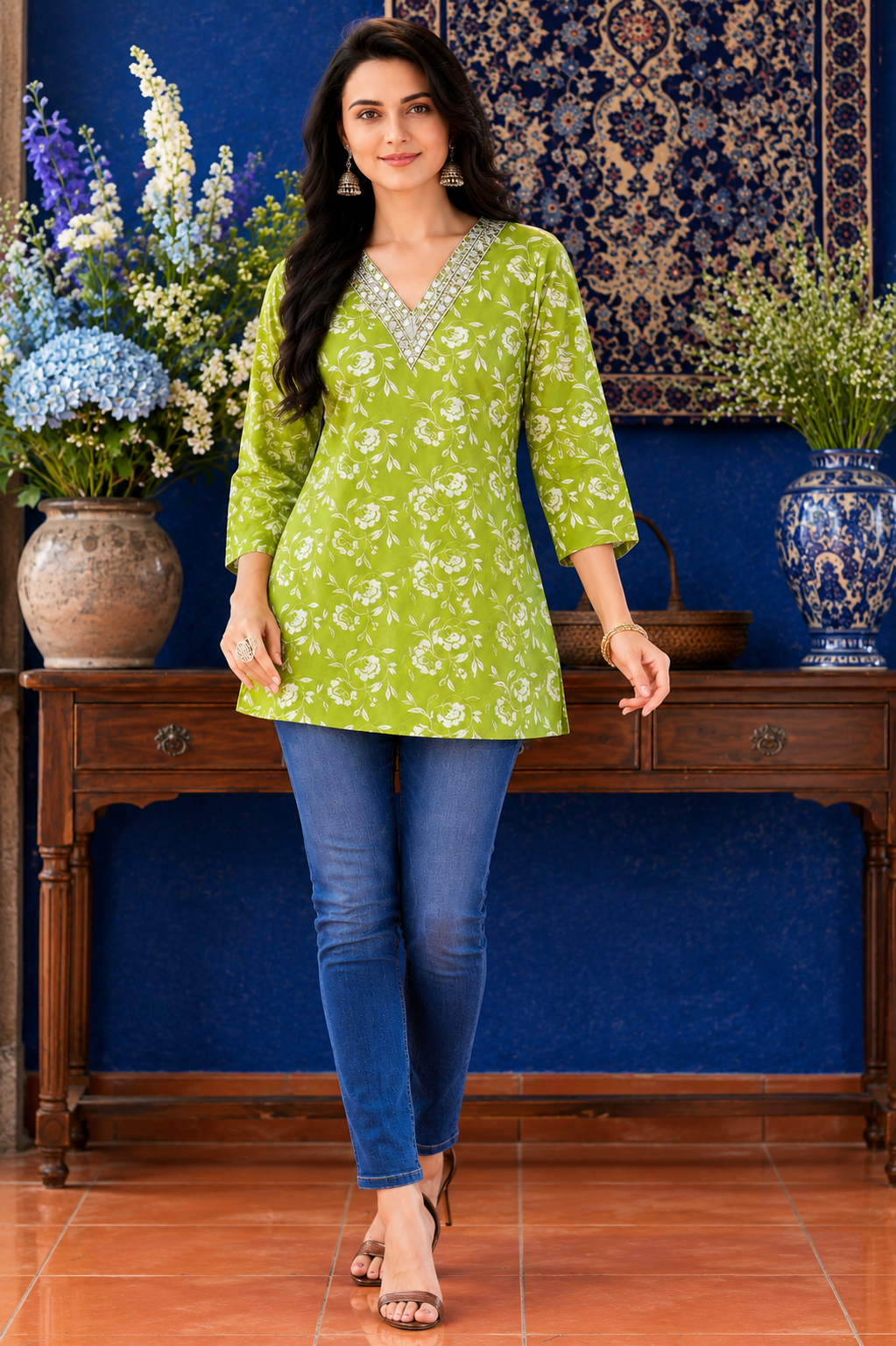 Women's Green Floral Printed Cotton Tunic Top | V-Neck Casual Kurti for Women | Office & Daily Wear Top