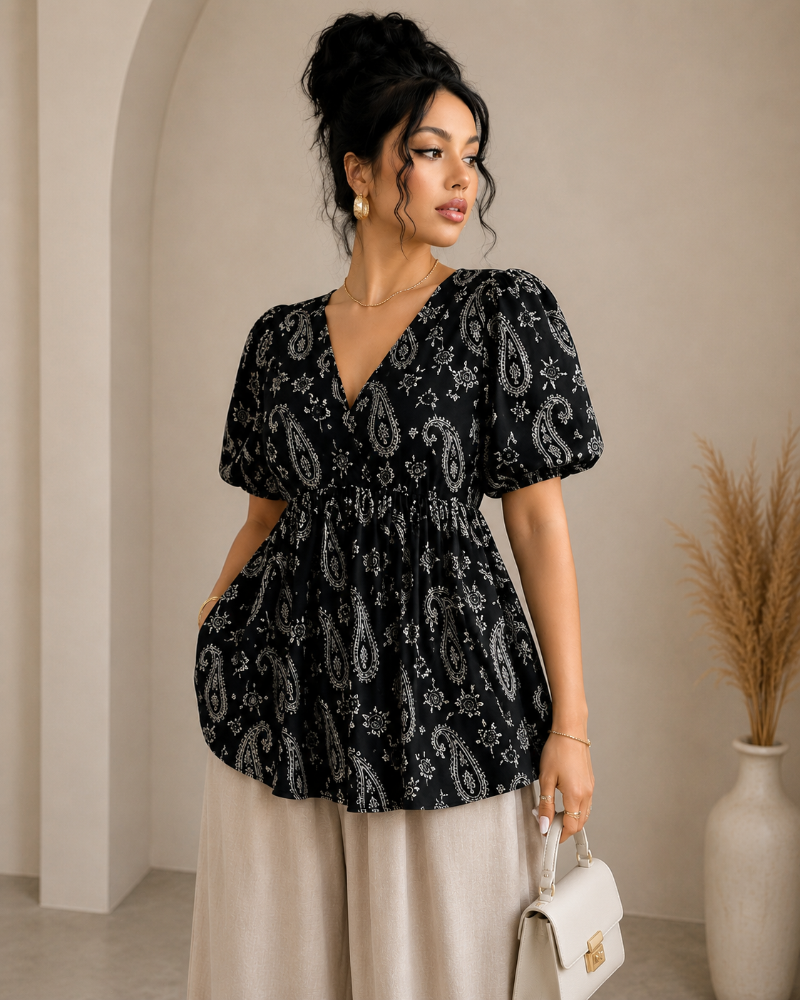 Women's Black Paisley Print Puff Sleeve Peplum Top | V-Neck Casual Babydoll Blouse