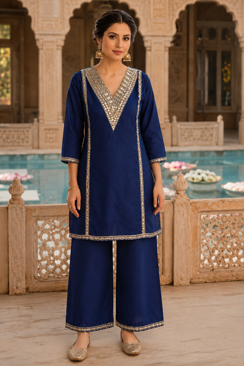 Women's Royal Blue Mirror Work Kurta Pant Set | Designer Ethnic Co-Ord Set | Festive Wear Kurta Set for Women | Saiyaraa