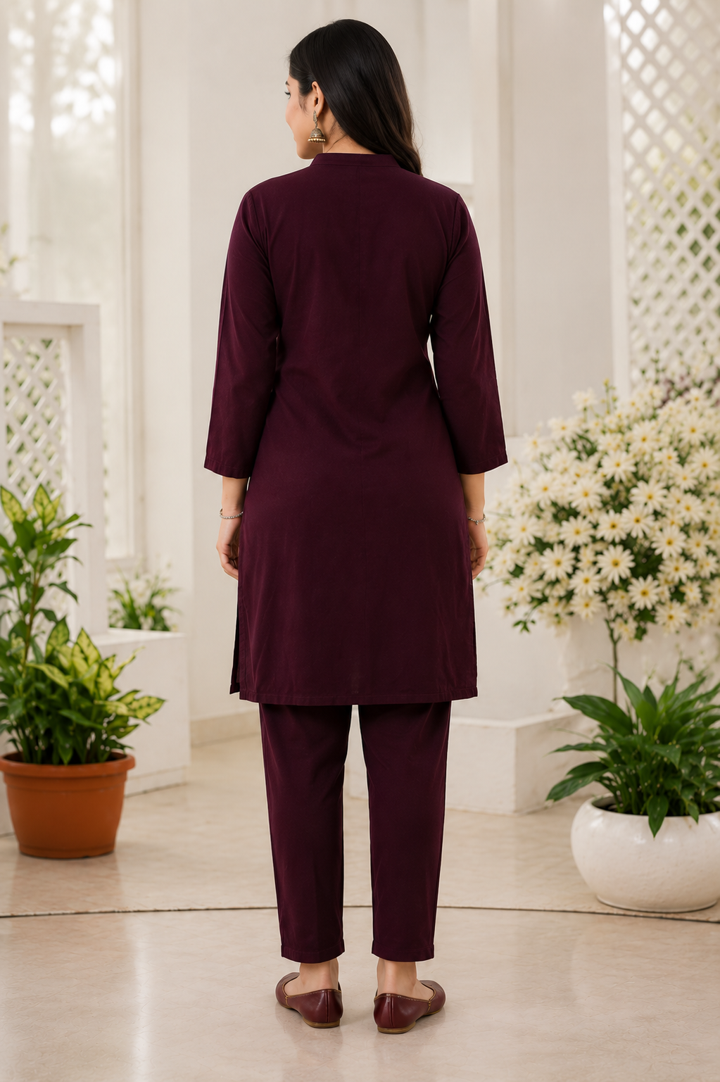 Women's Wine Straight Kurta Pant Set with Crochet Floral Patch | Premium Rayon Ethnic Co-Ord Set