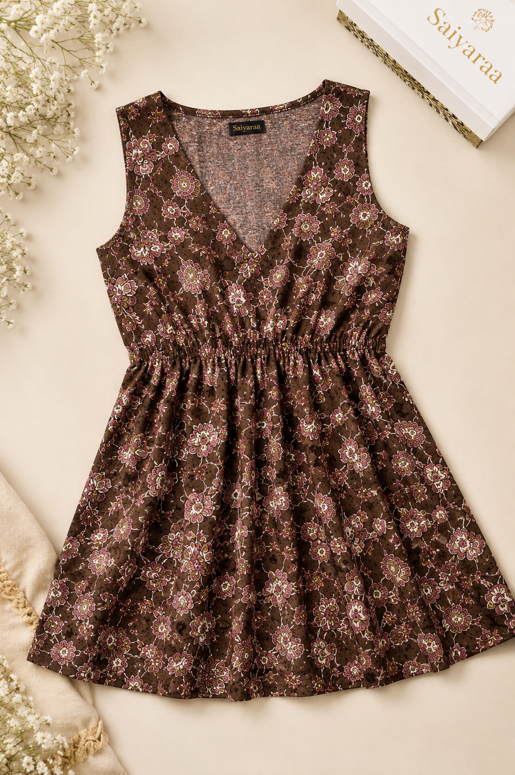 Women's Brown Floral Printed Sleeveless Peplum Top | V-Neck Casual Cotton Blend Top for Women | Saiyaraa