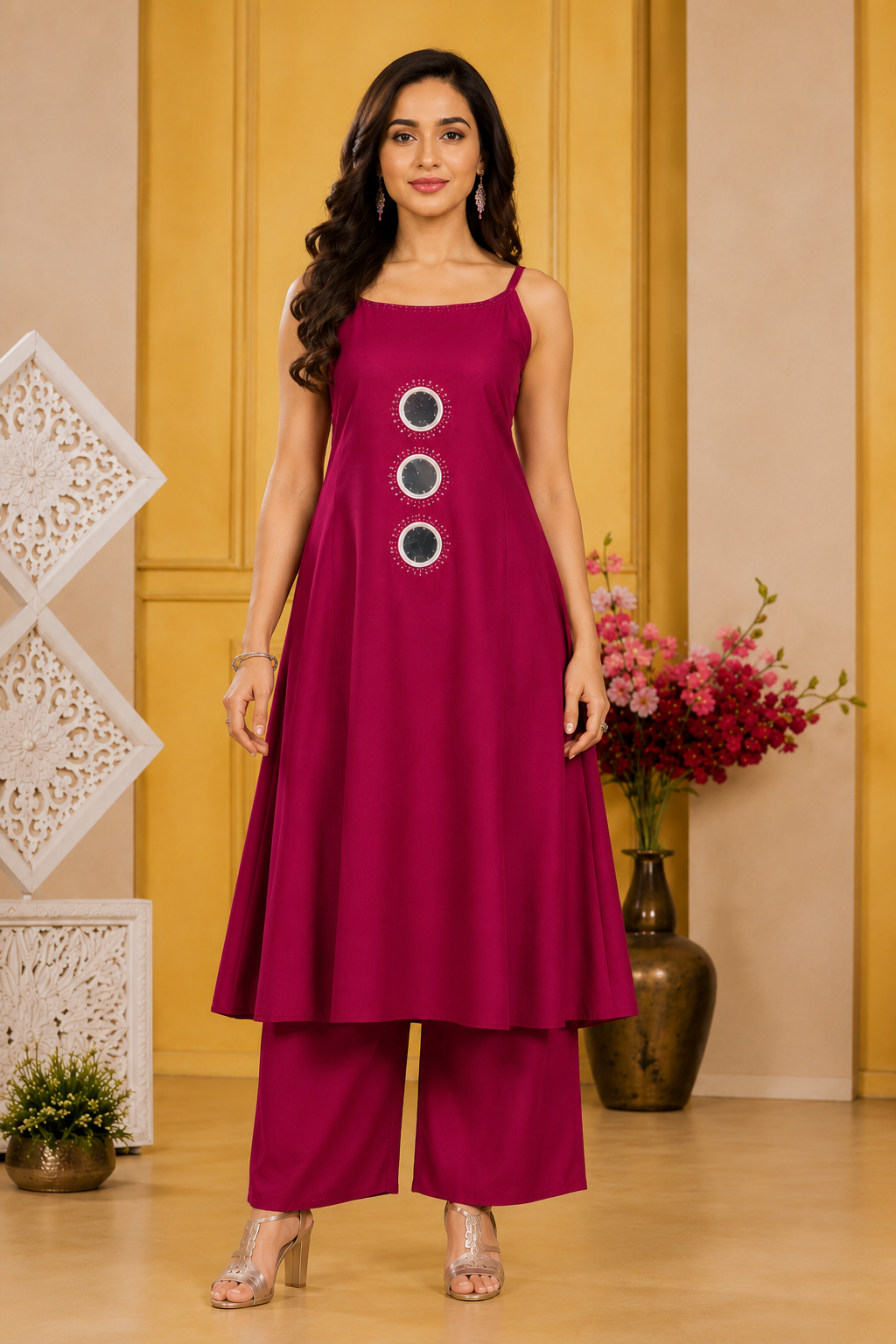 Women's Wine A-Line Kurta Palazzo Set with Mirror Work | Sleeveless Flared Kurta & Palazzo Co-Ord Set