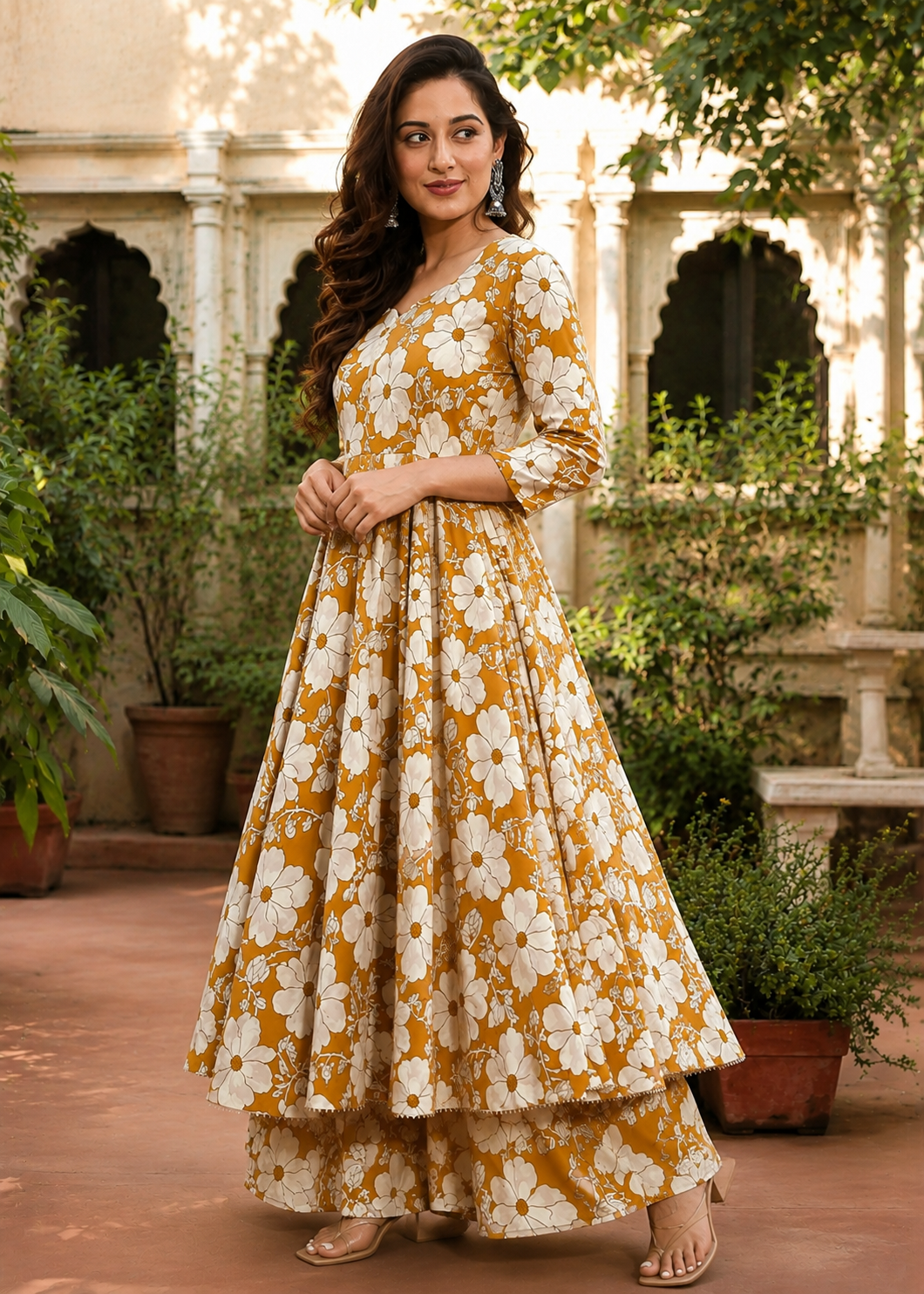 Saiyaraa Women's Mustard Floral Printed Cotton Kurti Palazzo Co-Ord Set | Designer Ethnic Wear for Women