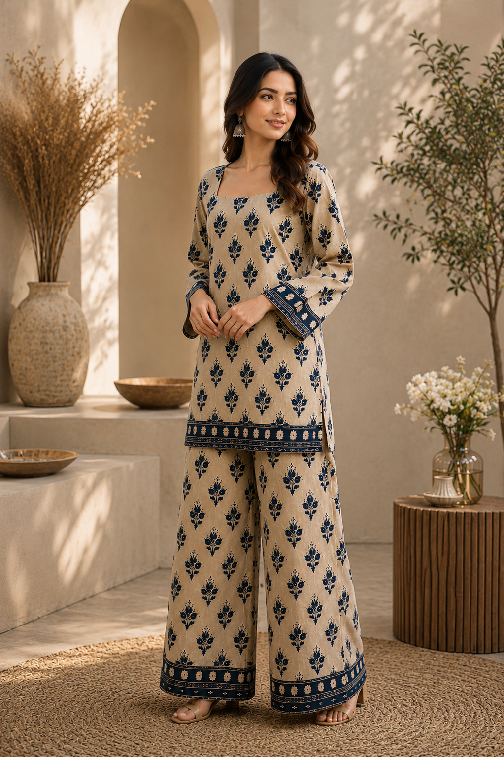 Saiyaraa Women's Beige & Navy Blue Printed Cotton Co-Ord Set | Straight Kurti with Palazzo | Soft Ethnic Lounge Wear