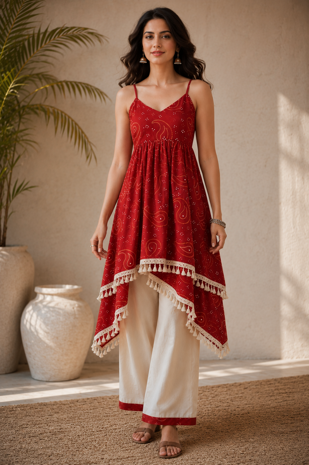 Women's Red Printed Asymmetrical Kurti Palazzo Set | Sleeveless Ethnic Co-Ord Set for Women | Casual Festive Wear | Saiyaraa