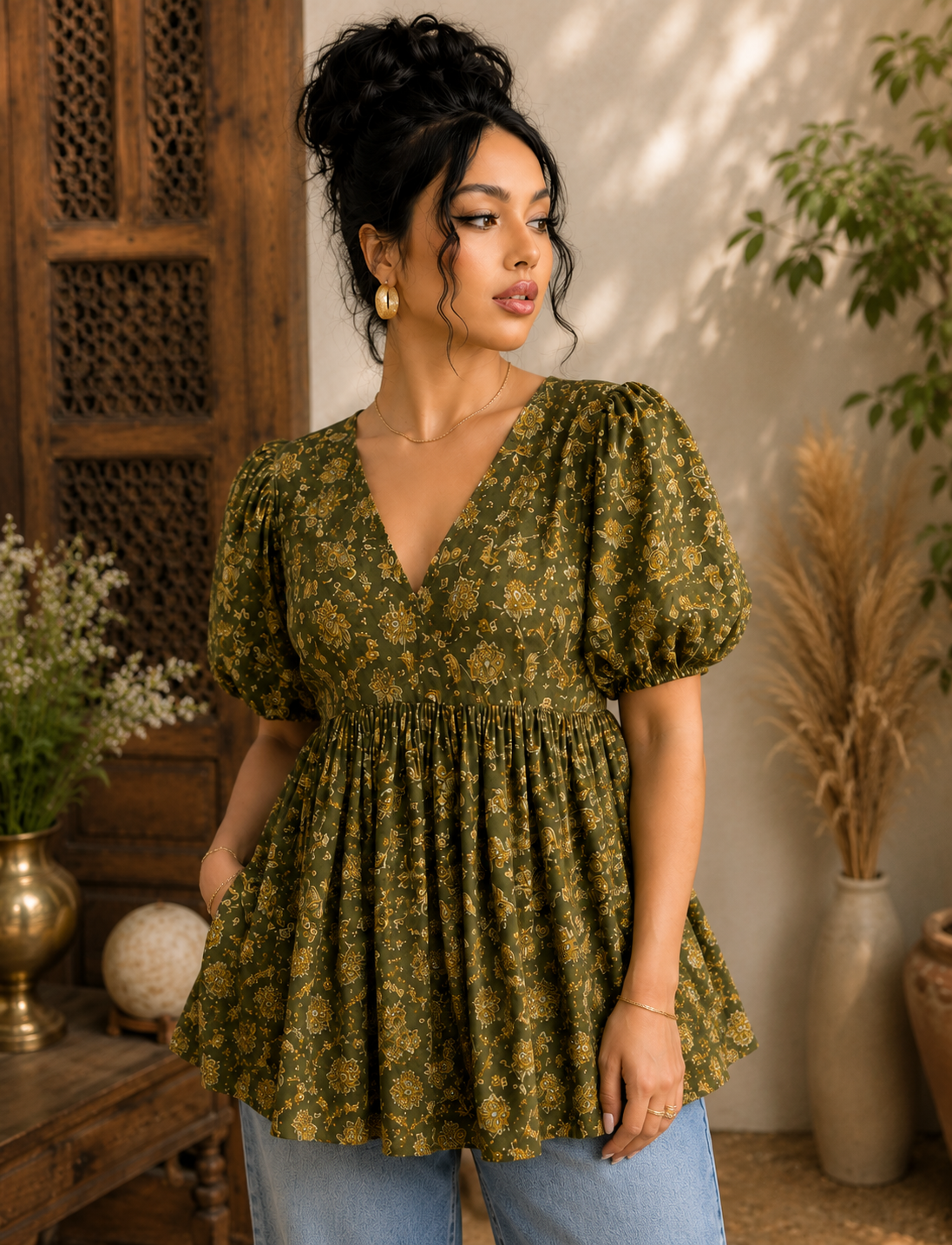 Saiyaraa Women's Olive Green Floral Printed Peplum Top | V-Neck Puff Sleeve Cotton Casual Top
