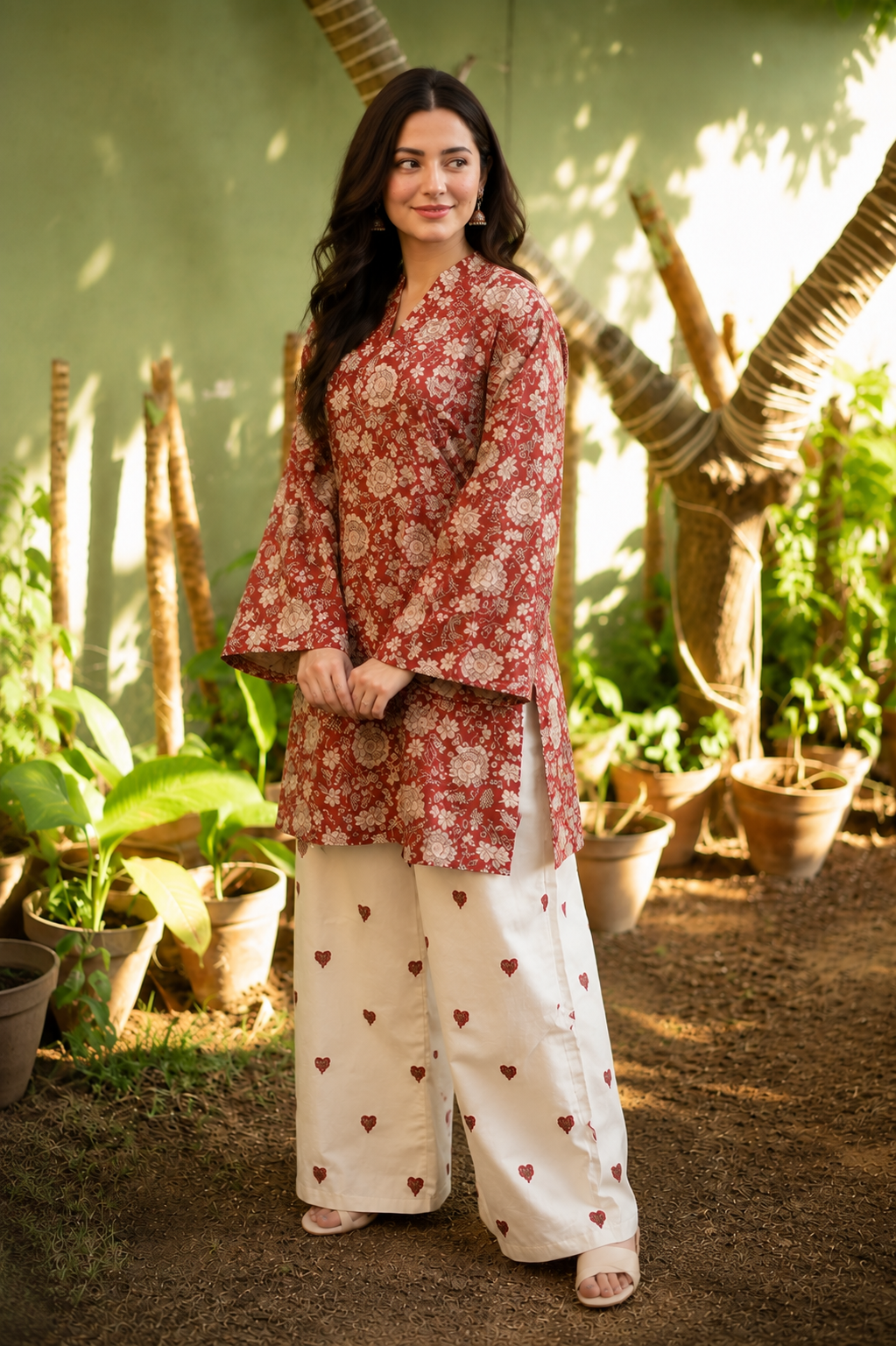 Saiyaraa Women's Red Floral Printed Cotton Kurta Set with Palazzo & Dupatta | Casual Ethnic Suit Set