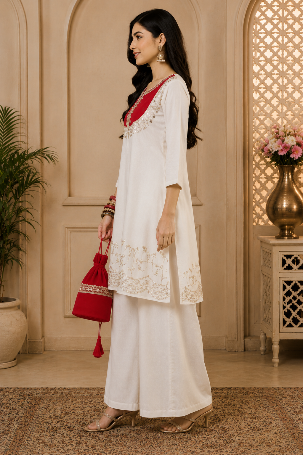 Women's White Embroidered Kurti Palazzo Set with Potli Bag | Festive Ethnic Wear for Women | Designer Co-Ord Set | Saiyaraa