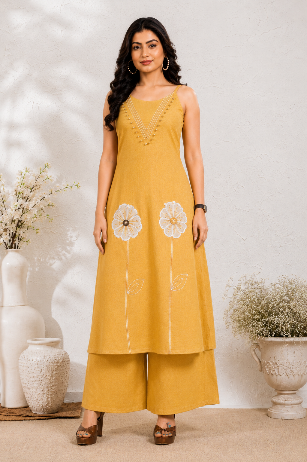 Women's Mustard Yellow Embroidered Kurta Palazzo Set | Sleeveless A-Line Kurta with Floral Embroidery