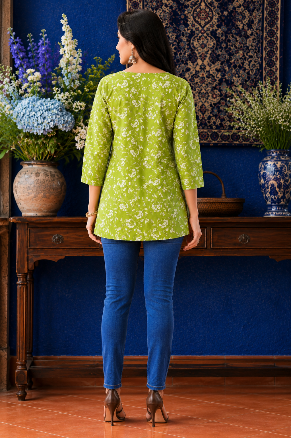 Women's Green Floral Printed Cotton Tunic Top | V-Neck Casual Kurti for Women | Office & Daily Wear Top