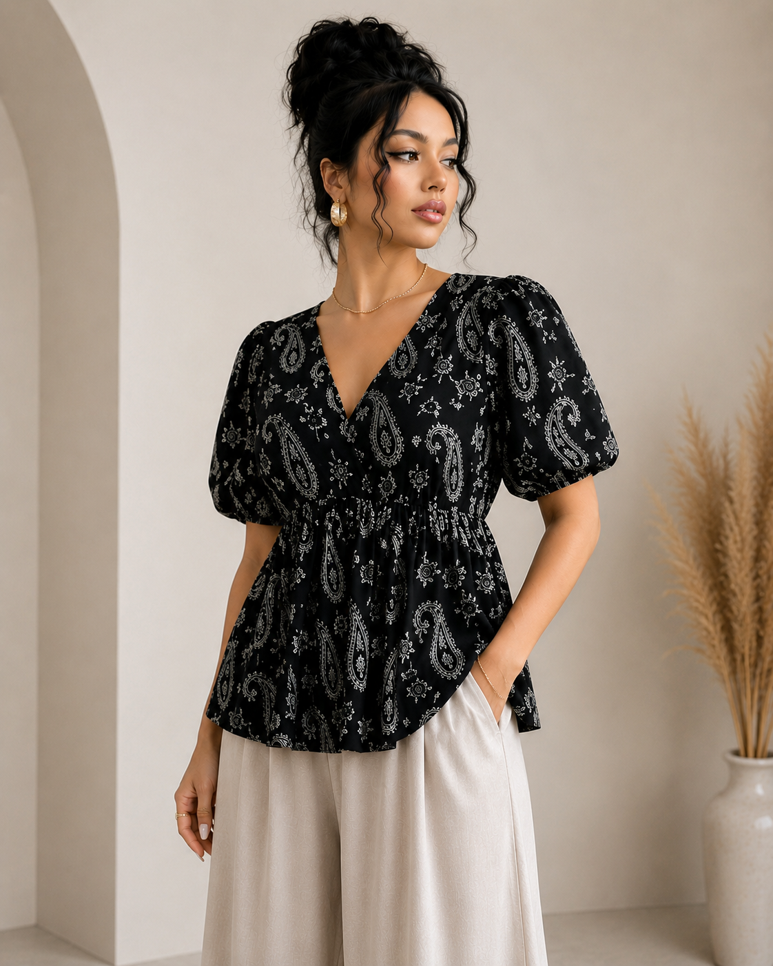 Women's Black Paisley Print Puff Sleeve Peplum Top | V-Neck Casual Babydoll Blouse