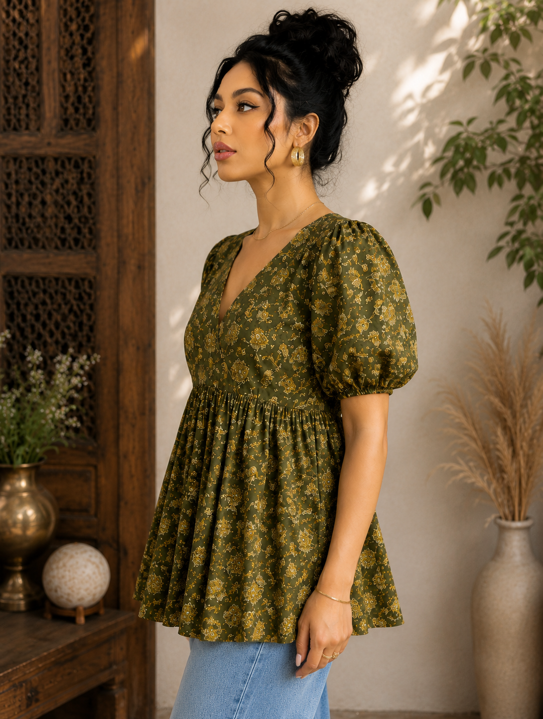 Saiyaraa Women's Olive Green Floral Printed Peplum Top | V-Neck Puff Sleeve Cotton Casual Top