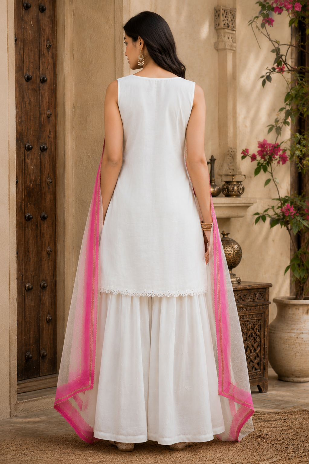 Women's White Cotton Kurta Sharara Set with Pink Organza Dupatta | Sleeveless Embroidered Kurta & Flared Sharara Set |