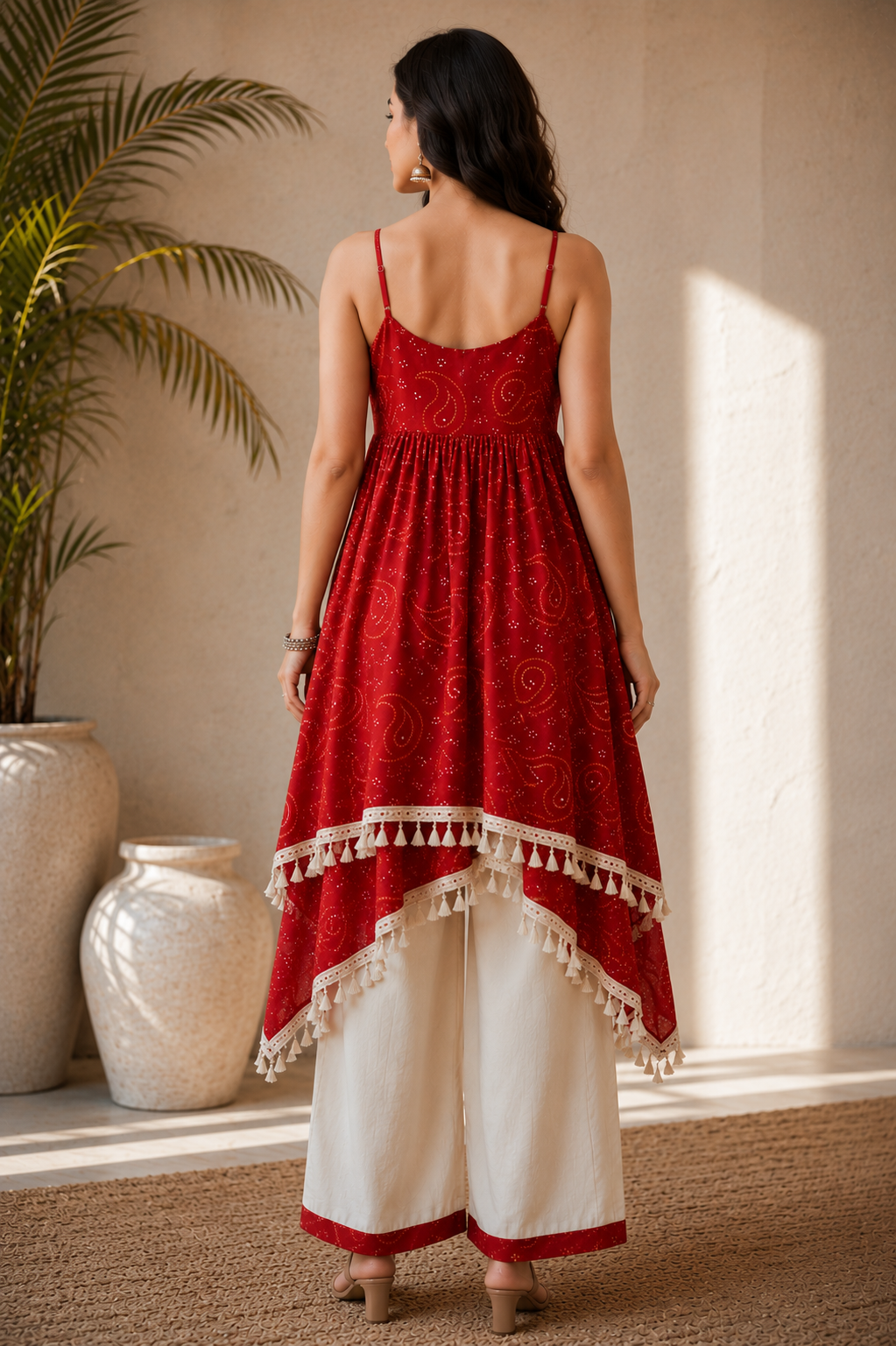 Women's Red Printed Asymmetrical Kurti Palazzo Set | Sleeveless Ethnic Co-Ord Set for Women | Casual Festive Wear | Saiyaraa
