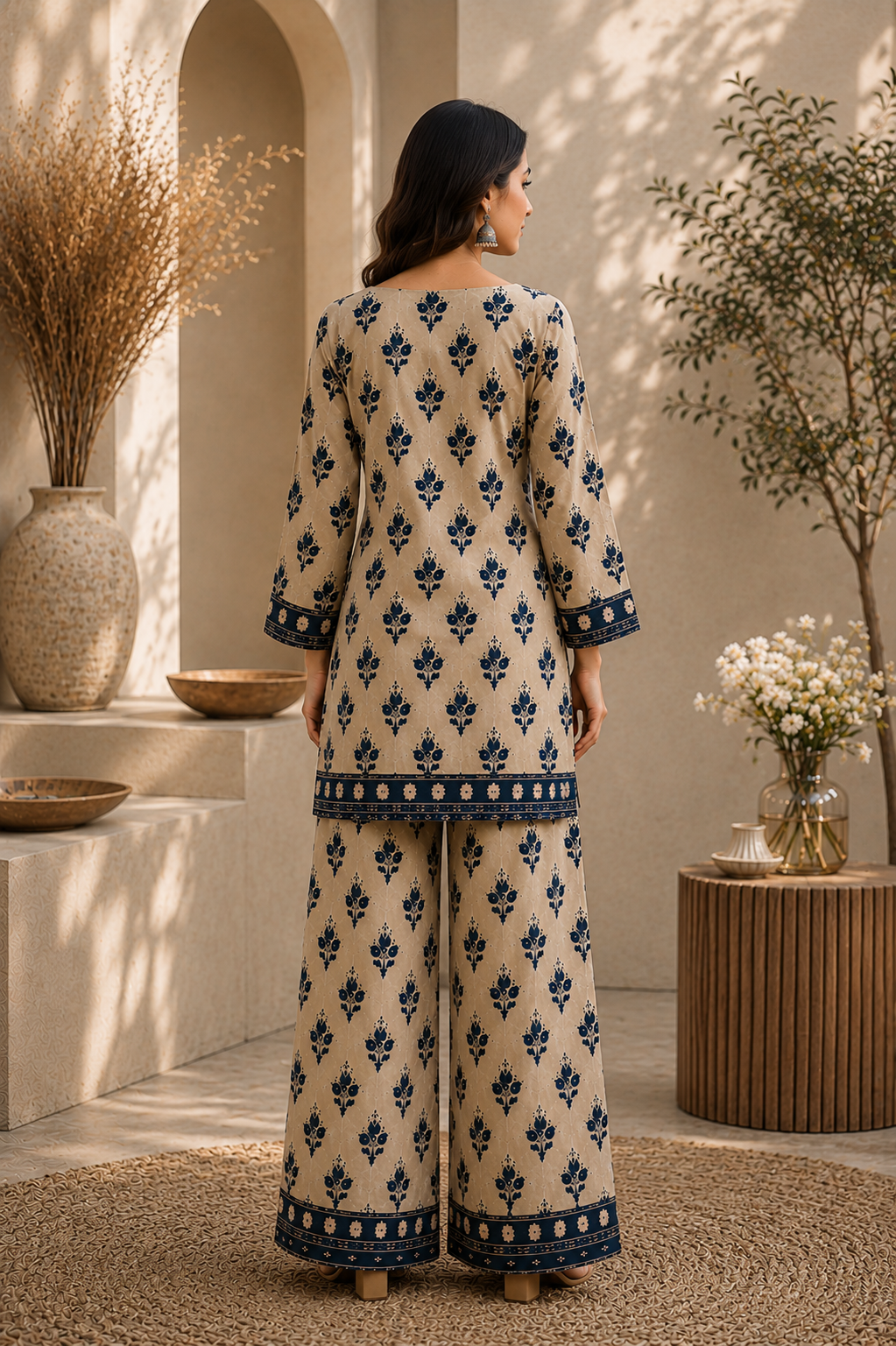Saiyaraa Women's Beige & Navy Blue Printed Cotton Co-Ord Set | Straight Kurti with Palazzo | Soft Ethnic Lounge Wear