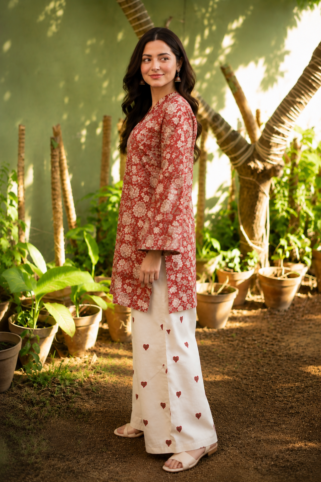 Saiyaraa Women's Red Floral Printed Cotton Kurta Set with Palazzo & Dupatta | Casual Ethnic Suit Set