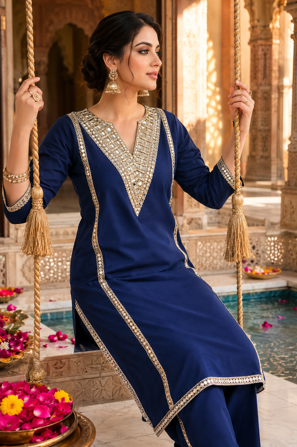Women's Royal Blue Mirror Work Kurta Pant Set | Designer Ethnic Co-Ord Set | Festive Wear Kurta Set for Women | Saiyaraa