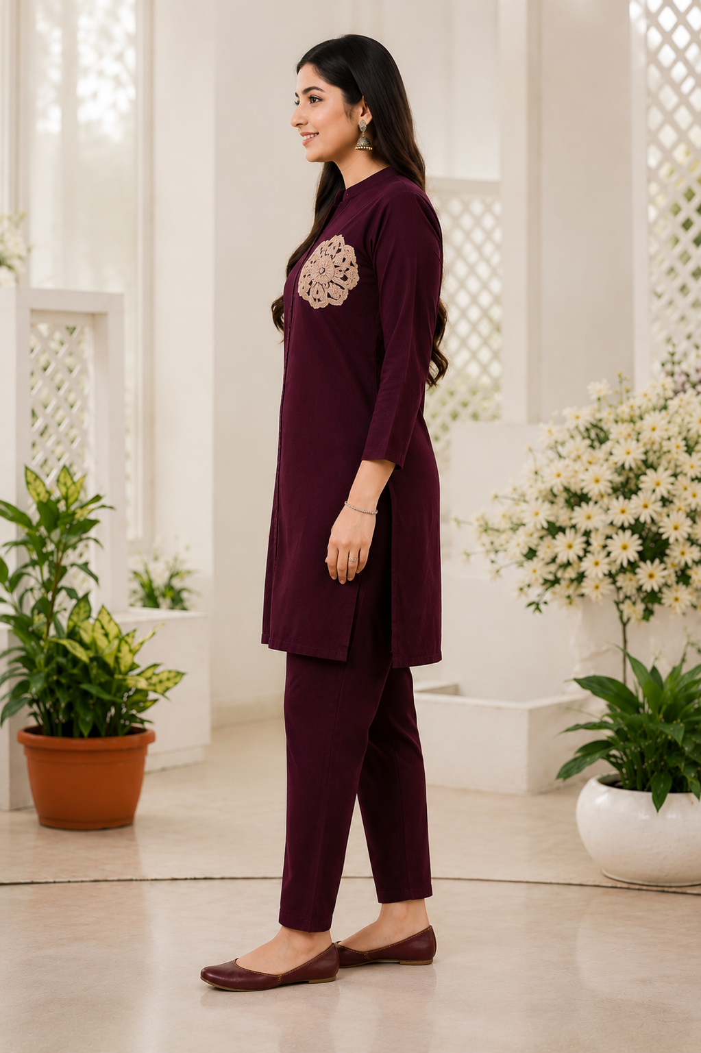Women's Wine Straight Kurta Pant Set with Crochet Floral Patch | Premium Rayon Ethnic Co-Ord Set