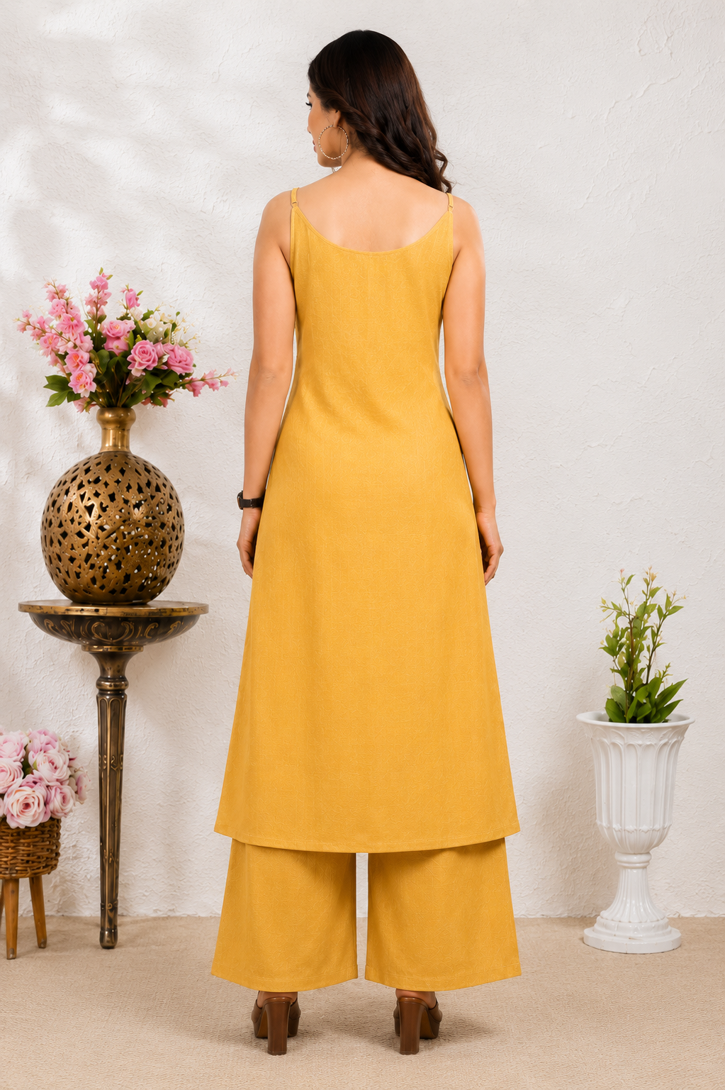 Women's Mustard Yellow Embroidered Kurta Palazzo Set | Sleeveless A-Line Kurta with Floral Embroidery