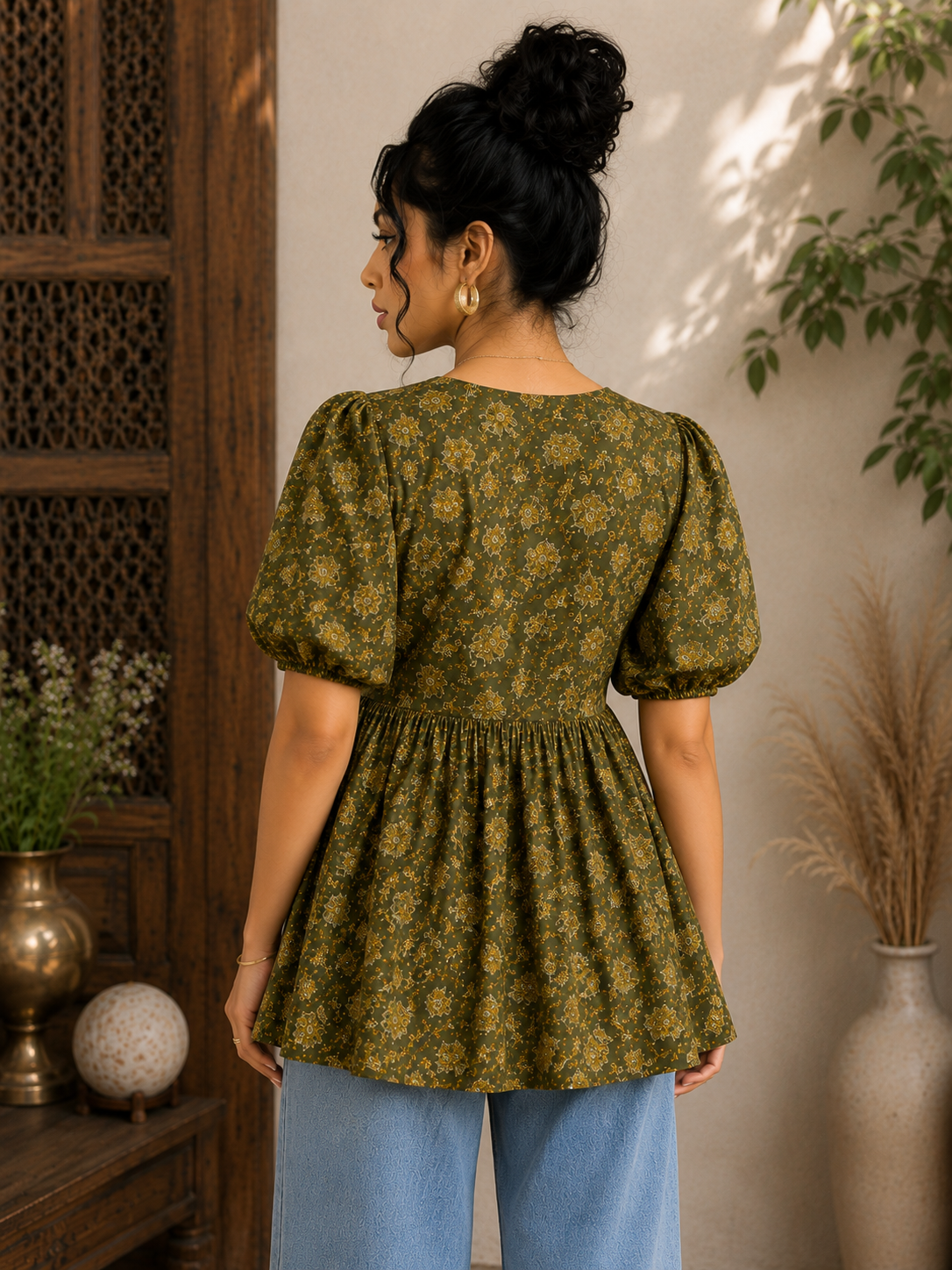 Saiyaraa Women's Olive Green Floral Printed Peplum Top | V-Neck Puff Sleeve Cotton Casual Top