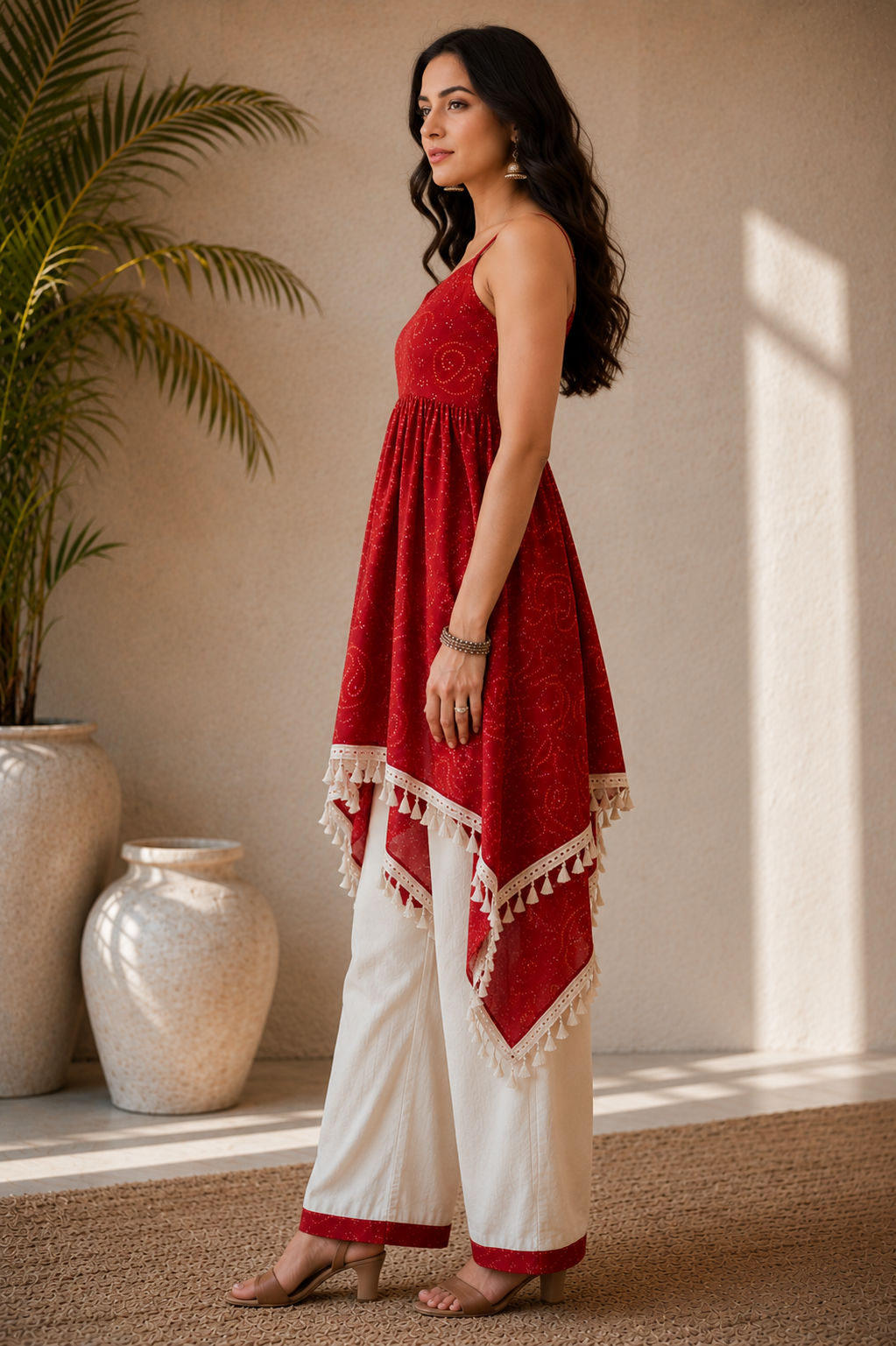 Women's Red Printed Asymmetrical Kurti Palazzo Set | Sleeveless Ethnic Co-Ord Set for Women | Casual Festive Wear | Saiyaraa