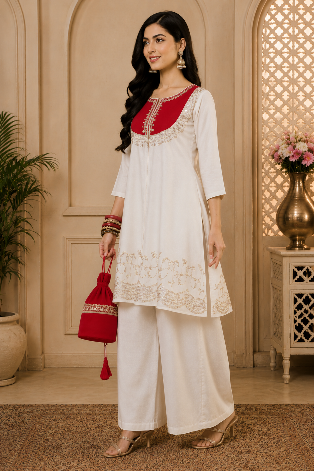 Women's White Embroidered Kurti Palazzo Set with Potli Bag | Festive Ethnic Wear for Women | Designer Co-Ord Set | Saiyaraa