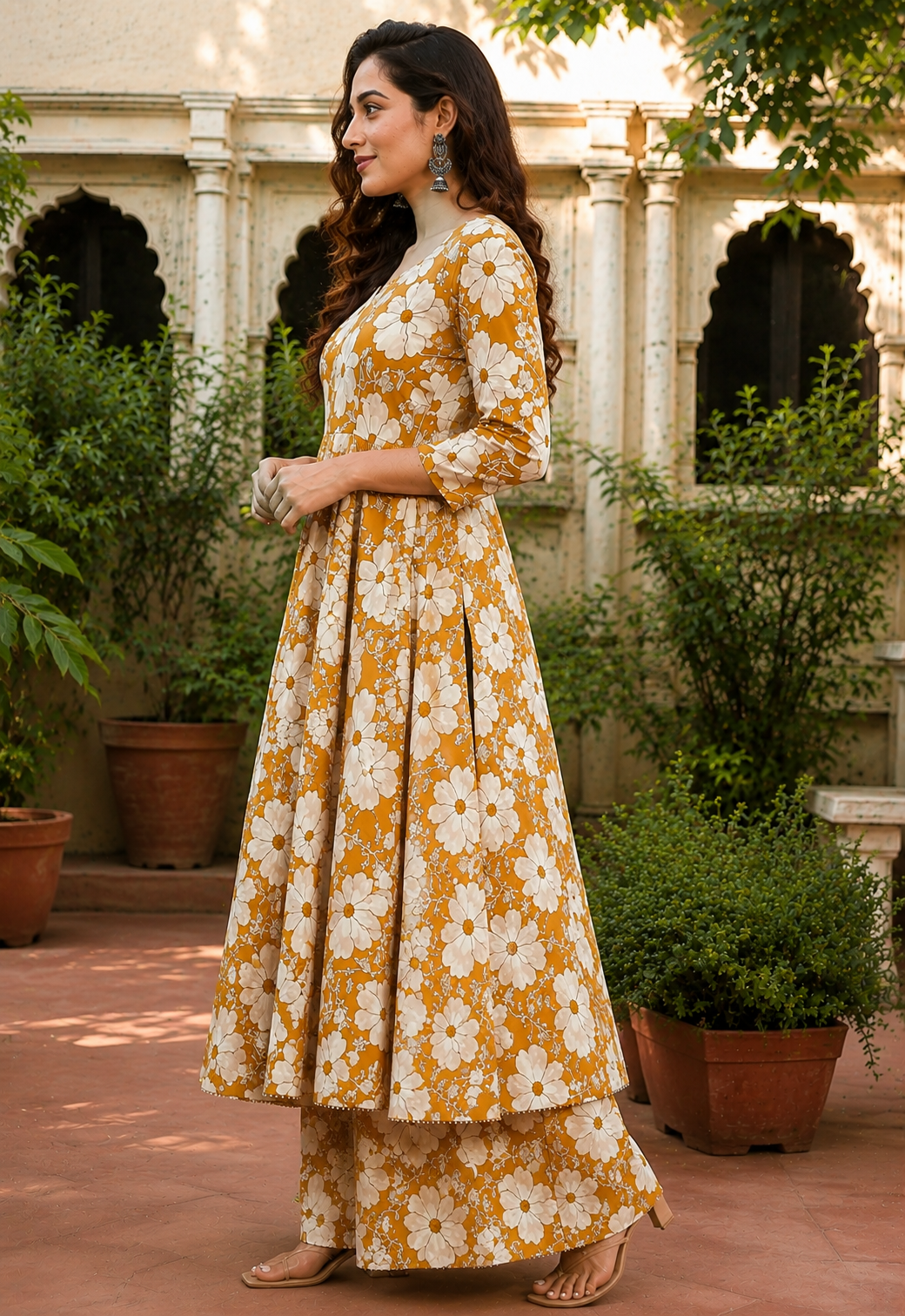 Saiyaraa Women's Mustard Floral Printed Cotton Kurti Palazzo Co-Ord Set | Designer Ethnic Wear for Women
